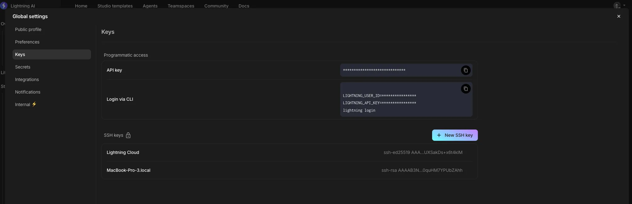 Here you can add new keys and copy and delete existing public keys