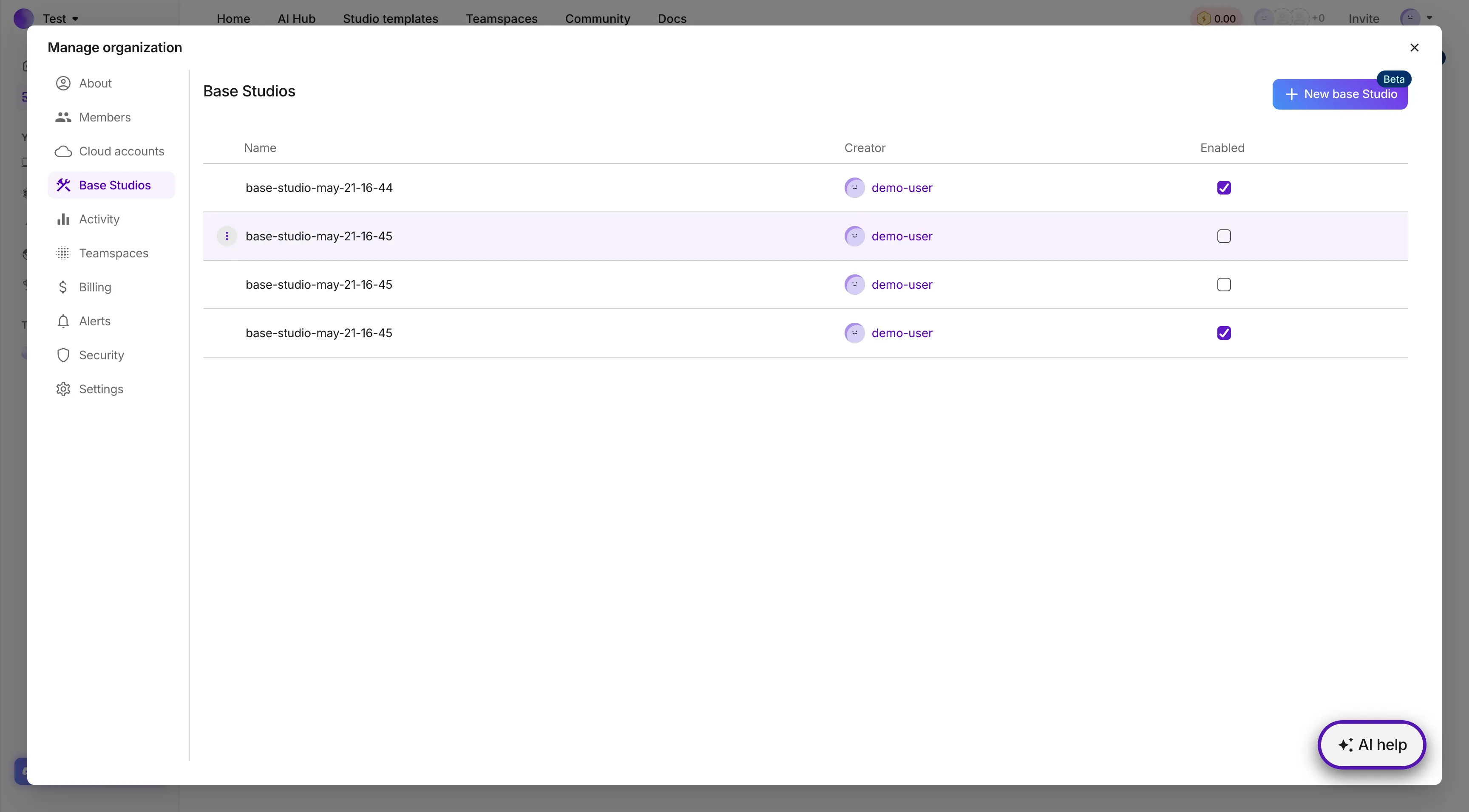 Managing Base Studios