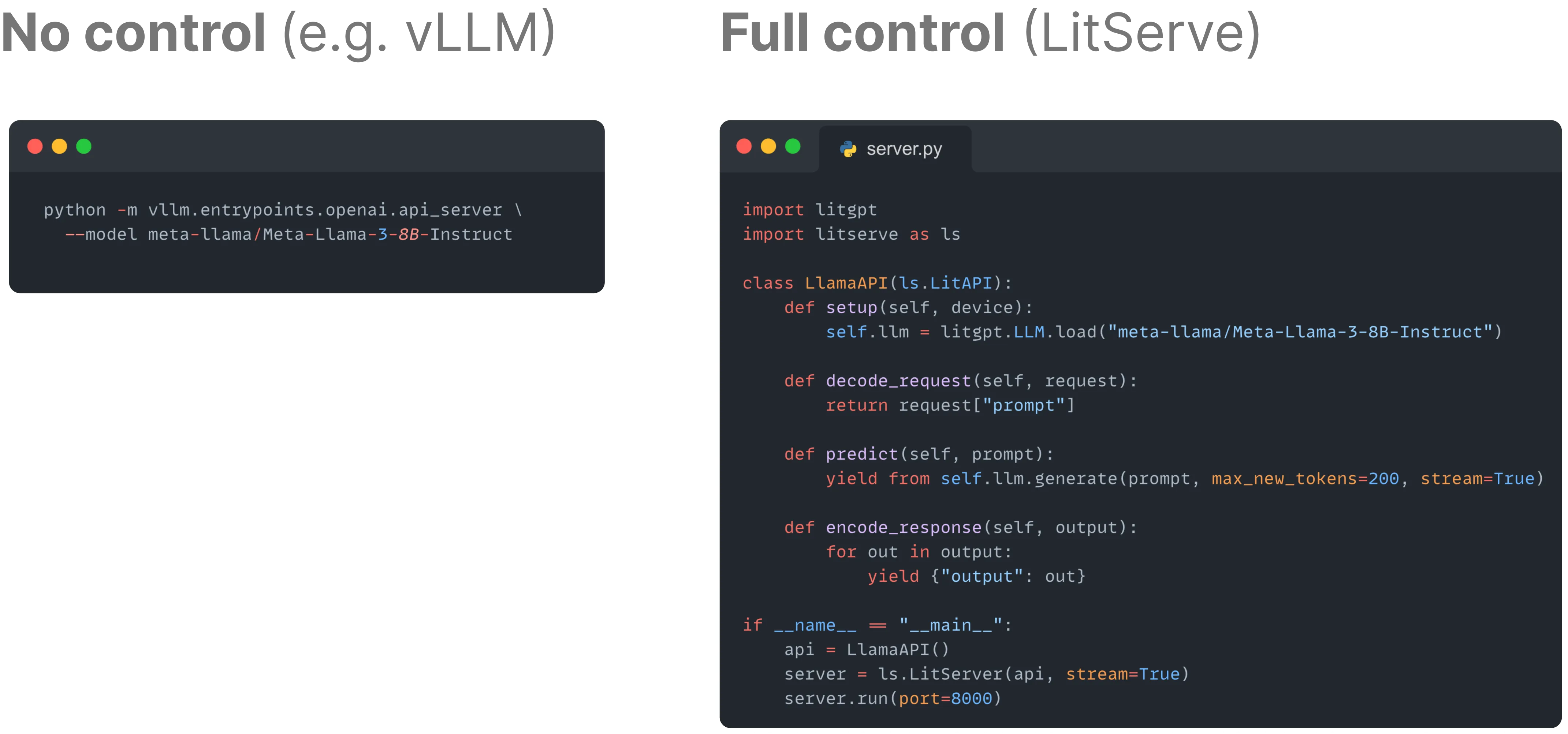 Other ML frameworks offer easy-to-start interfaces but no way to control and scale. LitServe offers both.