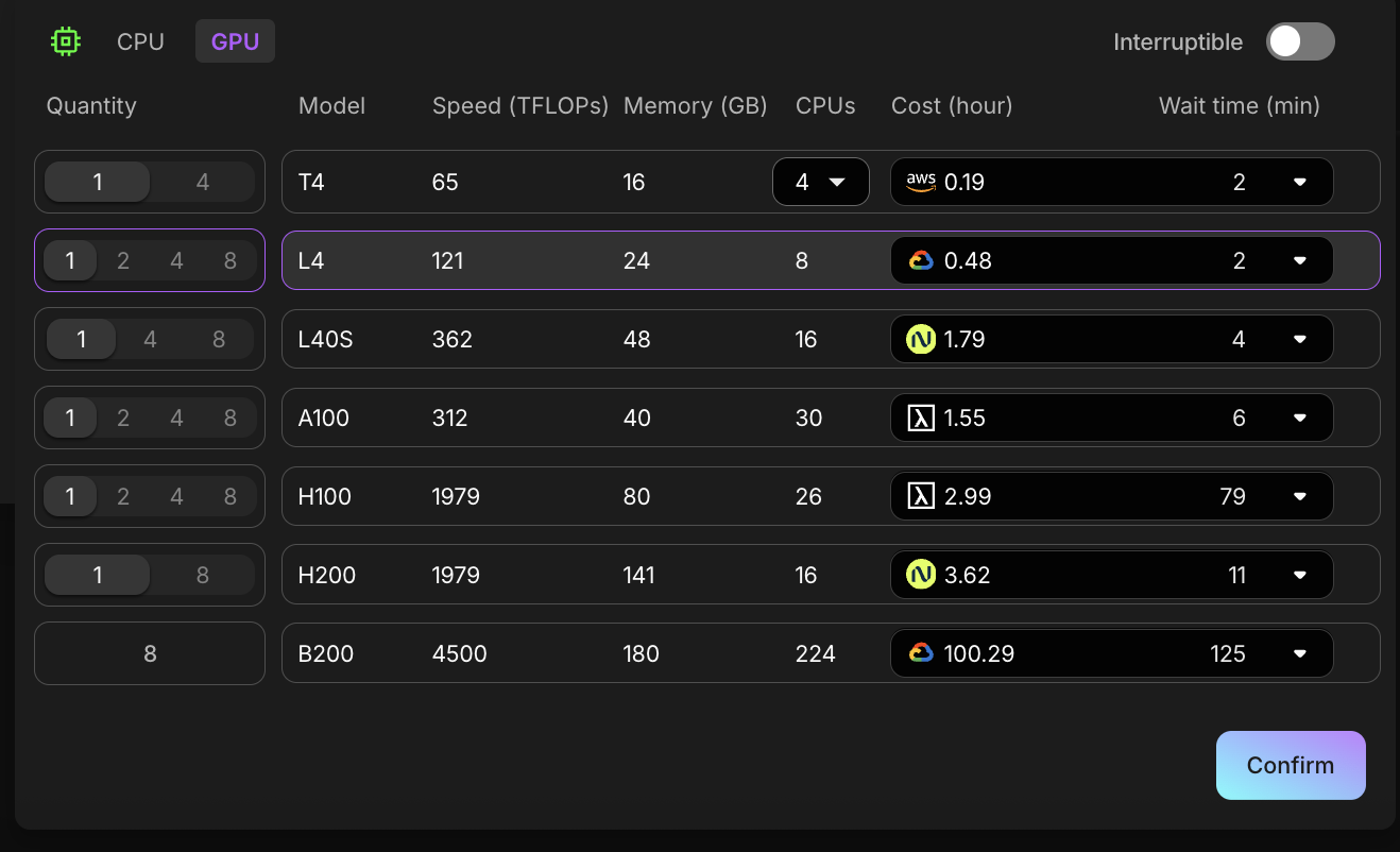 Choose a GPU from Lightning's GPU marketplace