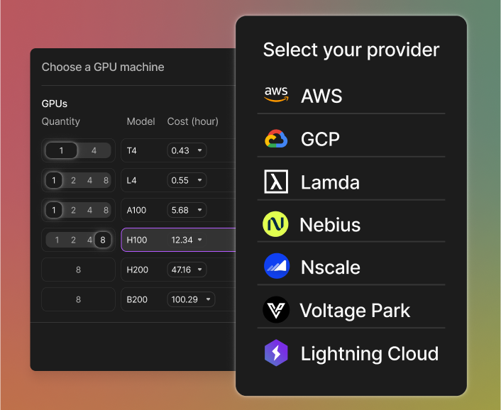 Choose your GPU. Choose your cloud. One platform. Lightning AI’s multi-cloud GPU marketplace gives teams seamless access to top hyperscalers and neoclouds to unlock speed, scale, and savings in one unified interface.