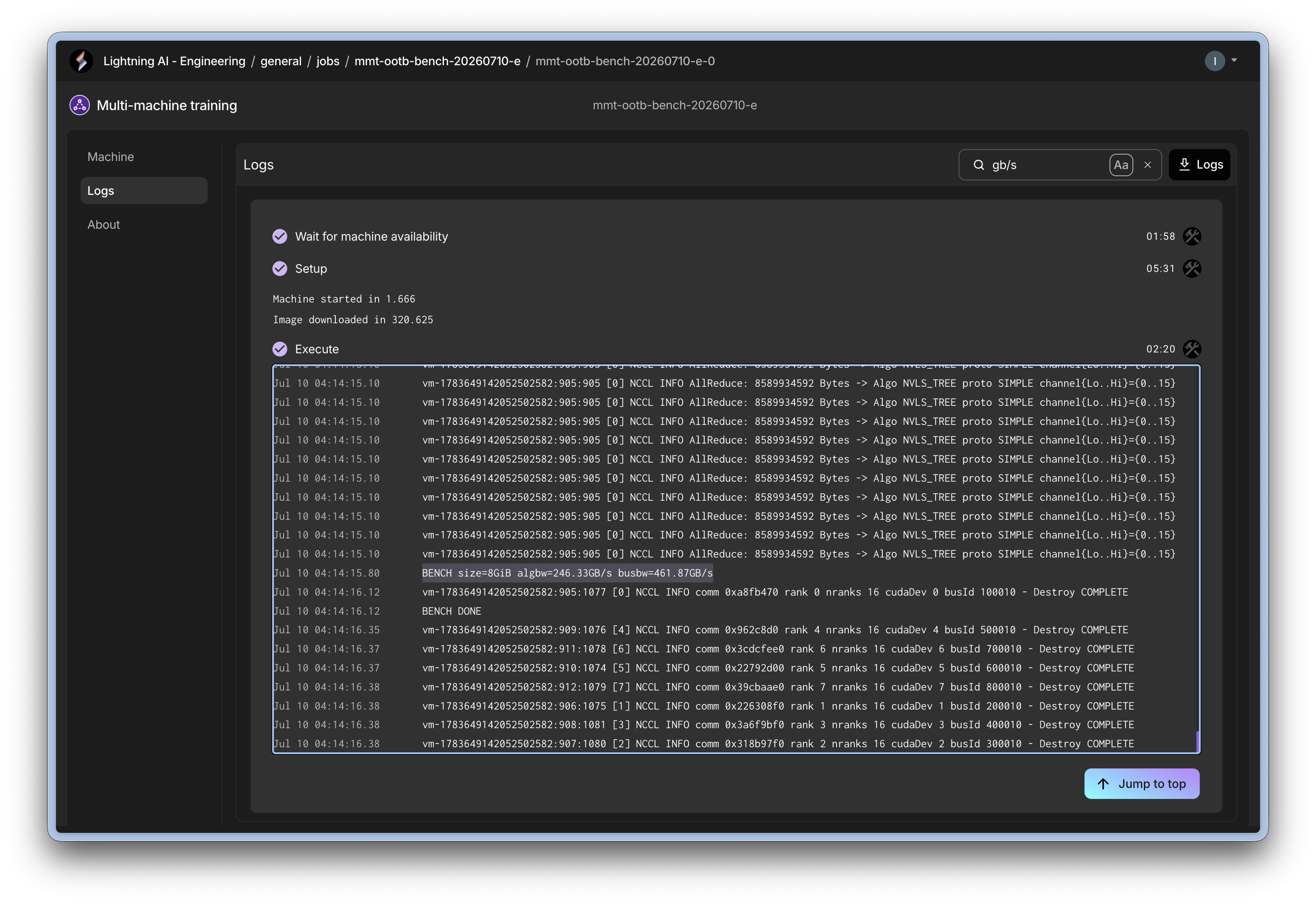 Baremetal NCCL speed within the multi node VMs.&nbsp;461.87 GB/s busbw (8 GiB all-reduce, 16 ranks across 2 nodes) out of the box on a stock NGC container