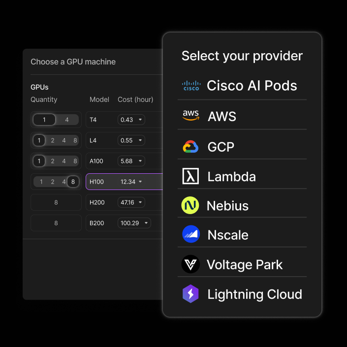 Select workloads to run on Cisco AI Pods on Lightning, burst into Lightning's fleet of 36,000 GPUs, or leverage Lightning's multi-cloud marketplace