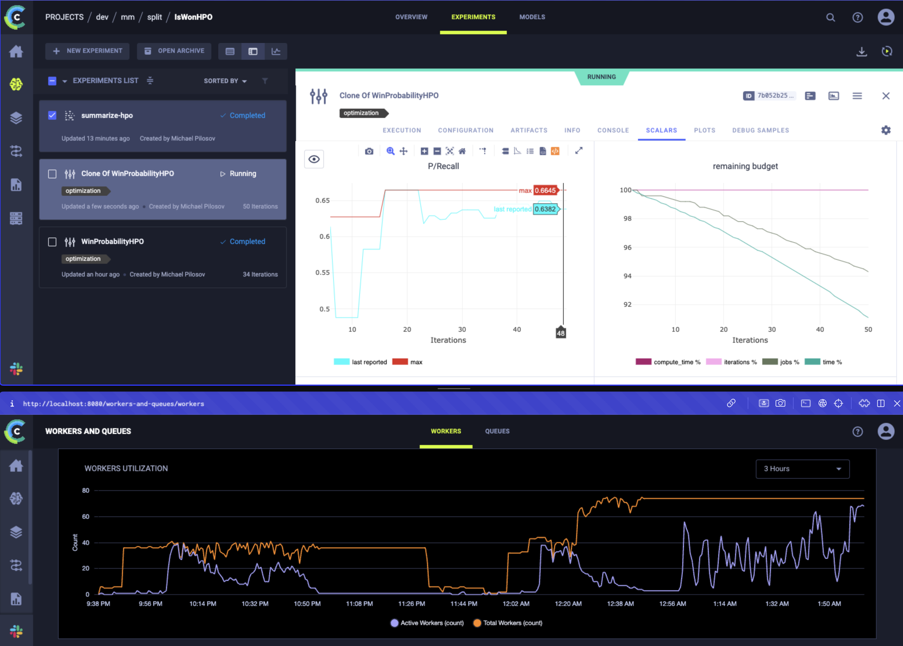Overview of a hyperparameter optimization, scaling up to 90 workers