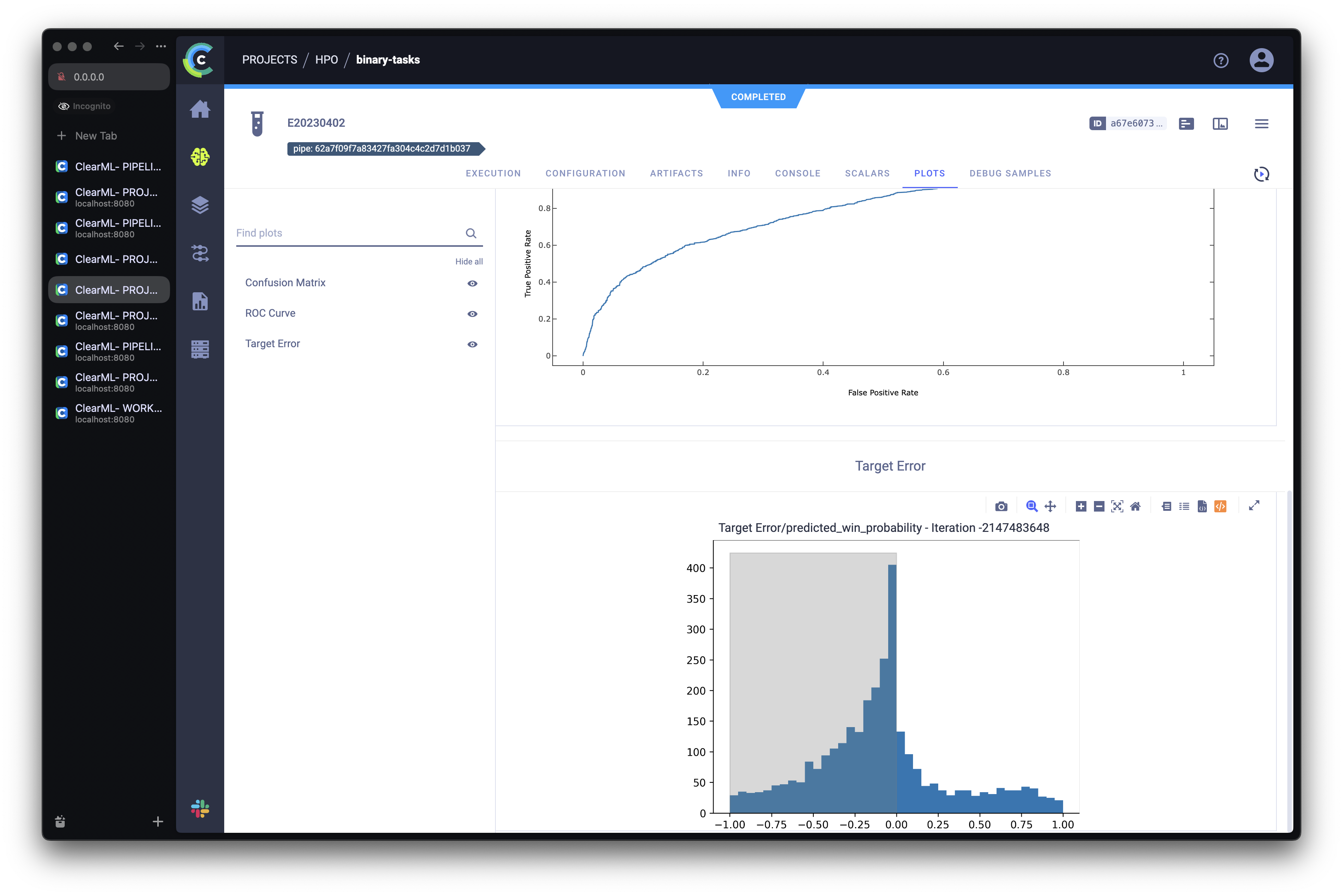 Metrics view via web UI of an experimental run