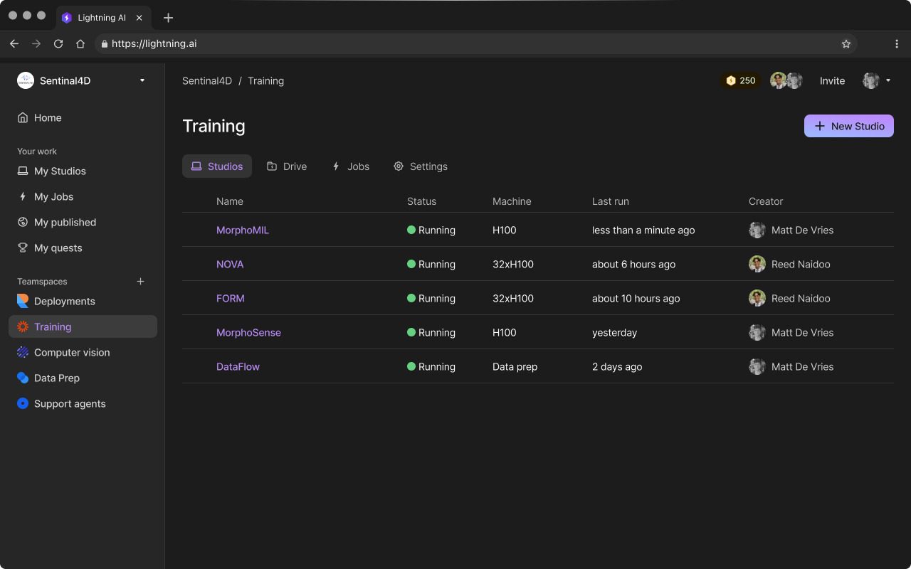 Sentinal4D's Teamspaces and Studios on Lightning AI