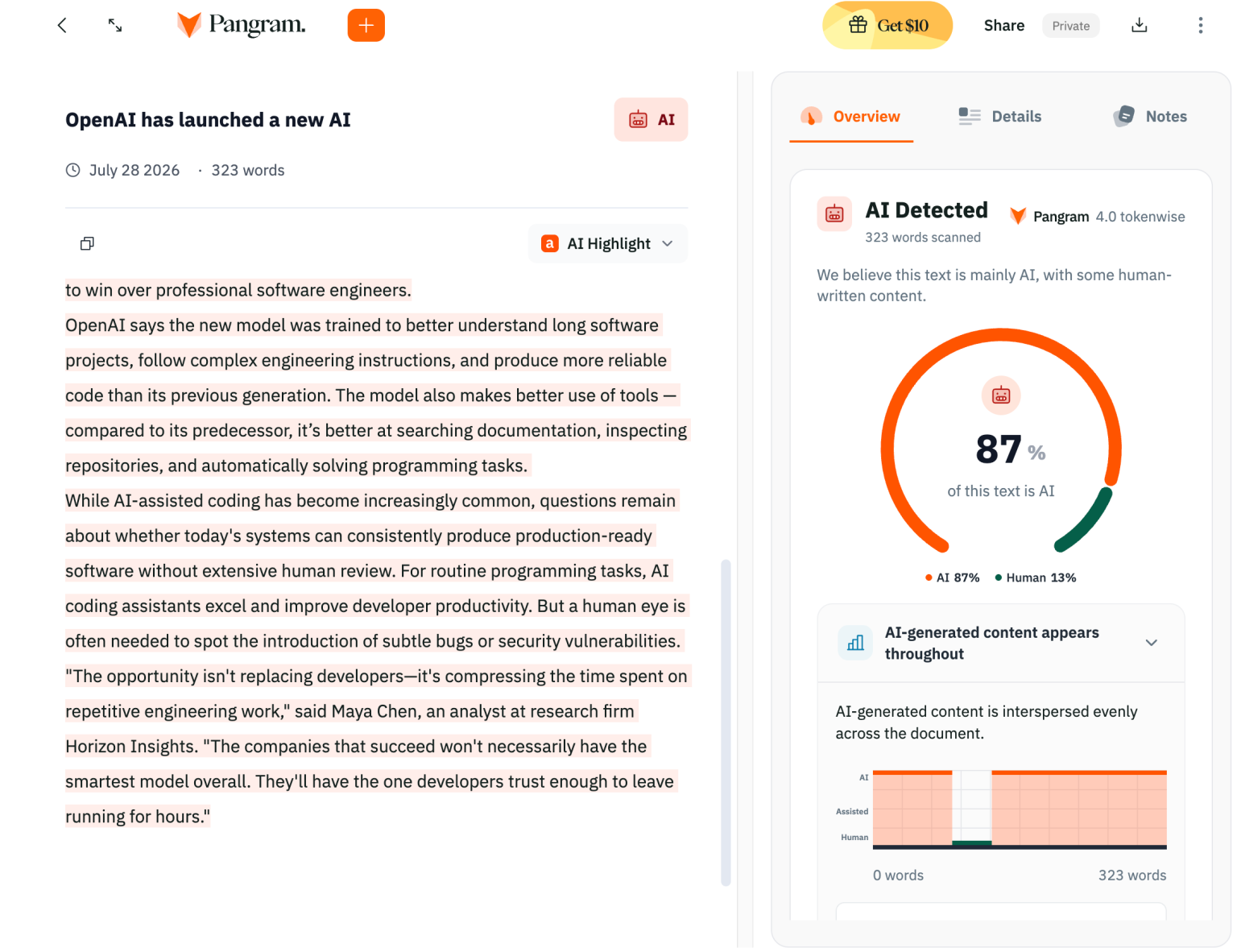 Pangram's AI detector. Image Credits:Pangram/TechCrunch